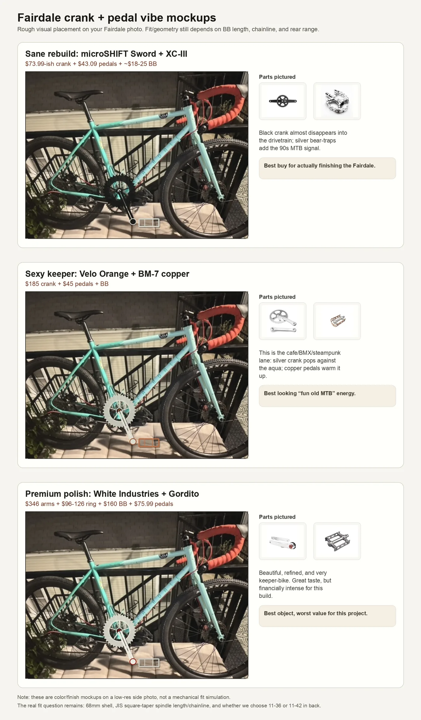Three visual mockups comparing microSHIFT, Velo Orange, and White Industries crank and pedal styles on the Fairdale.